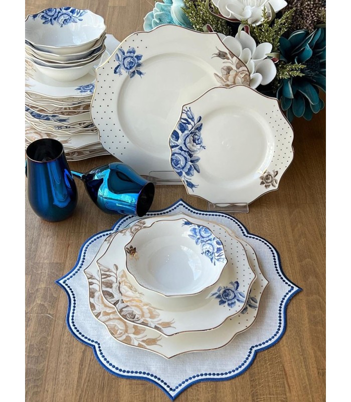 خرید آنلاین سفارشی سرویس غذاخوری 6 نفره 24 پارچه جدید ترکیه رنگ آبی قهوه ای