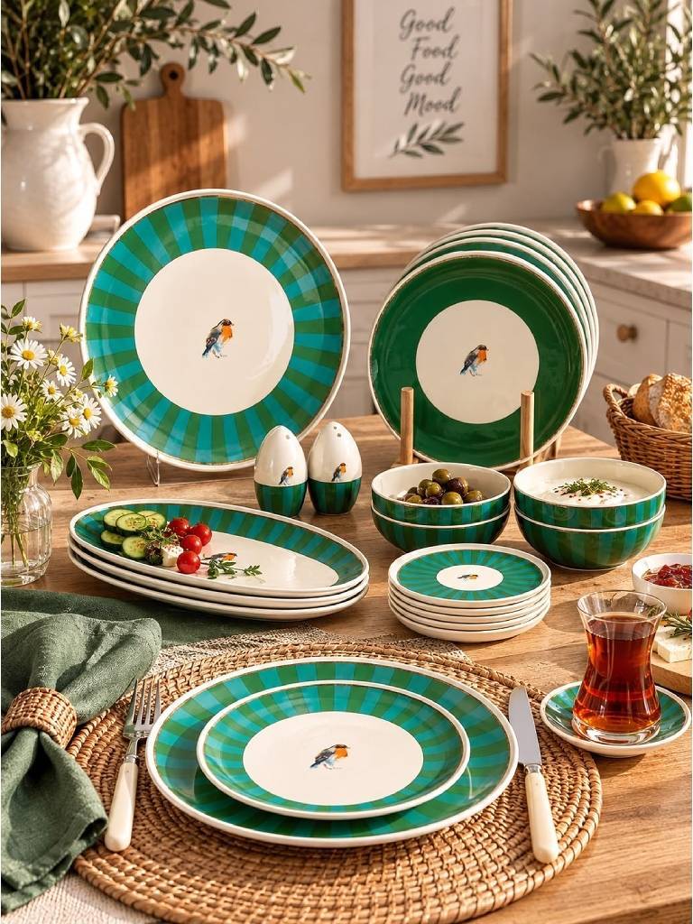 خرید سرویس صبحانه‌خوری ۶ نفره ۲۳ پارچه Green Bird Gold ترکیه | اِگوکالا