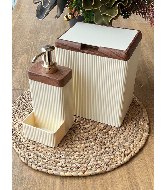 خرید آنلاین ست جامایع،اسکاچ و سطل زباله آشپزخانه ترک رنگ کرم با طرح چوب