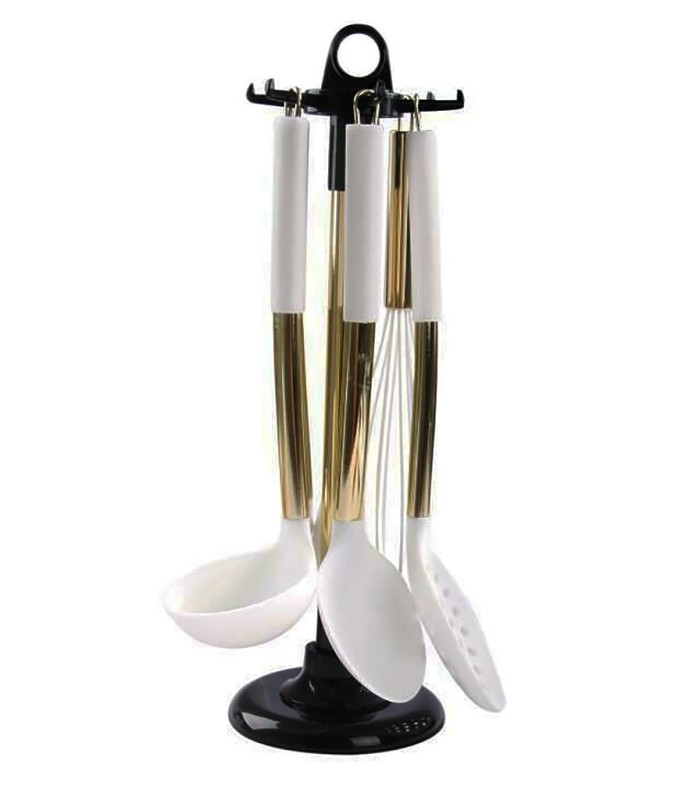 خرید ست کفگیر و ملاقه 6 پارچه مدل سیلیکونی استند دار  arow ترکیه رنگ سفید طلایی