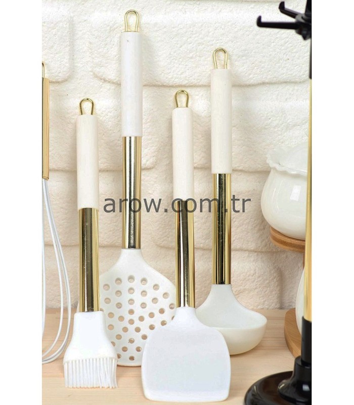 خرید ست کفگیر و ملاقه 6 پارچه مدل سیلیکونی استند دار  arow ترکیه رنگ سفید طلایی